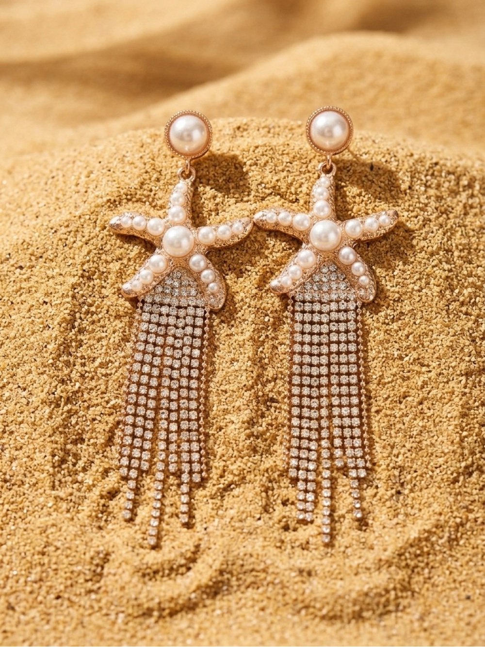 Pearl Starfish Drop Earrings with Rhinestone Fringe - Gold Tone